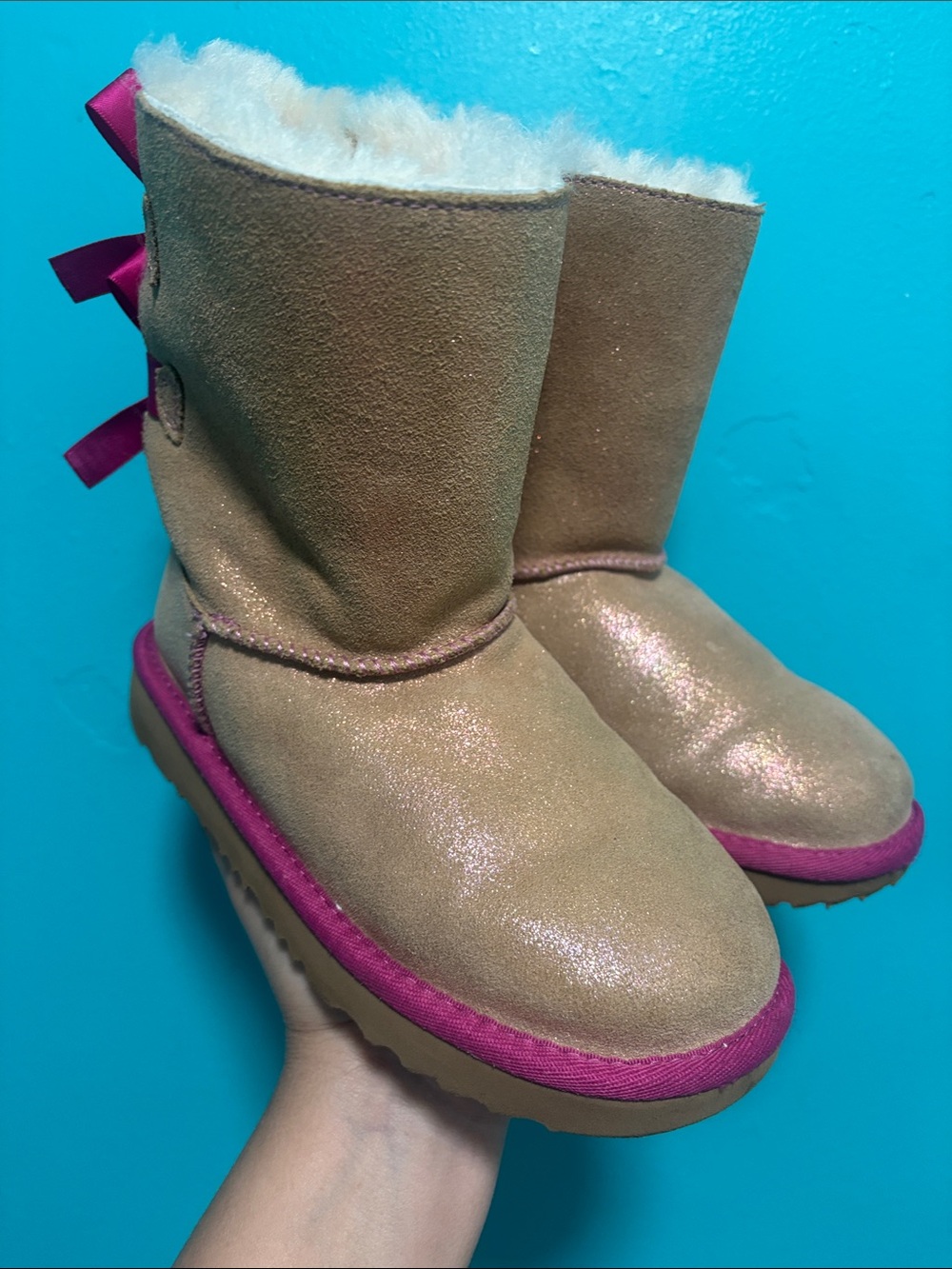 UGG Kids Tan Suede Boots with Pink Accents and Bows - Picture 8 of 8